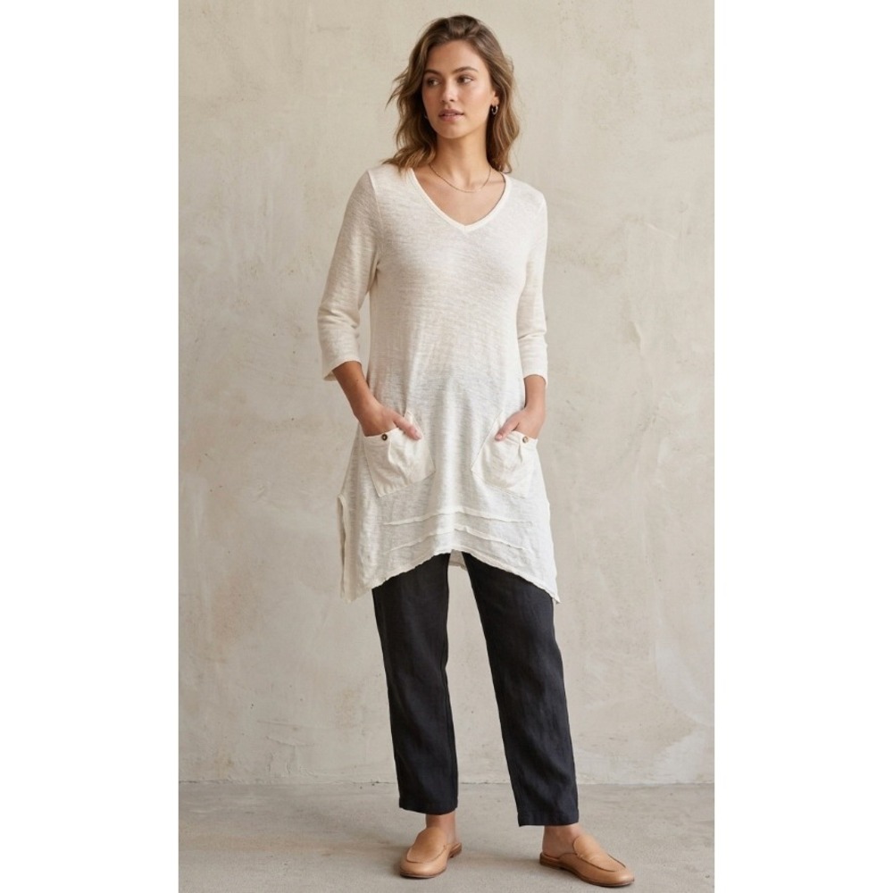 Color Me Cotton White 100% Linen Tunic V-Neck Pockets Made in USA Medium Knit